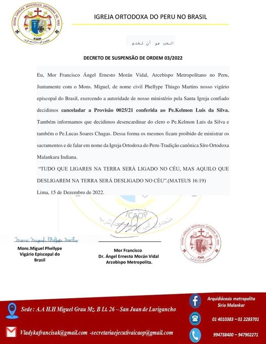 Comunicado oficial da Igreja Ortodoxa do Perú no Brasil. (Foto: Divulgação)
